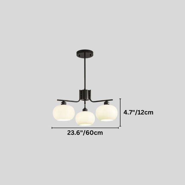 "A 3-light round chandelier with opal glass globes, showing dimensions of 23.6 inches in width and 4.7 inches in globe diameter."