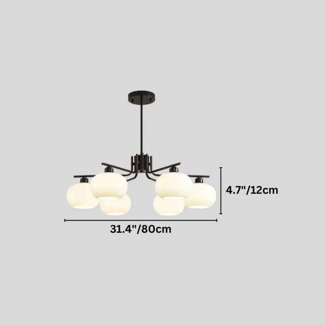 "A 6-light round chandelier with opal glass globes, showing dimensions of 31.4 inches in width and 4.7 inches in globe diameter."