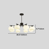 "A 6-light round chandelier with opal glass globes, showing dimensions of 39.3 inches in height and 4.7 inches in globe diameter."