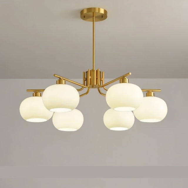 "A 6-light round chandelier with opal glass globes and a gold metal frame, hanging from a ceiling in a room."