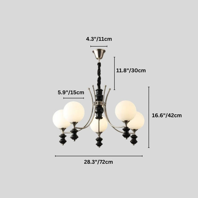  "Dimensions diagram of a modern chandelier with five frosted glass globes, curved arms, and black detailing." 