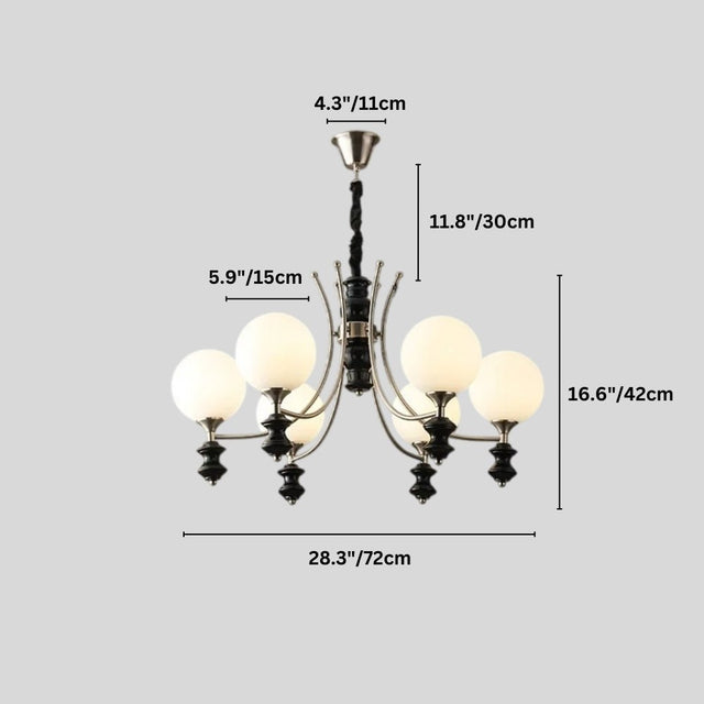  "Dimensions diagram of a modern chandelier with six frosted glass globes, curved arms, and black detailing."