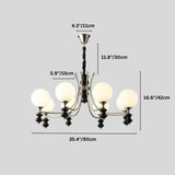 "Dimensions diagram of a modern chandelier with six frosted glass globes, curved arms, and black detailing."