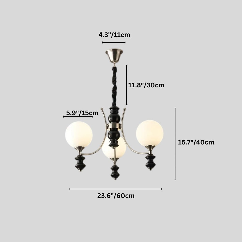 "Dimensions diagram of a modern chandelier with three frosted glass globes, curved arms, and black detailing." 