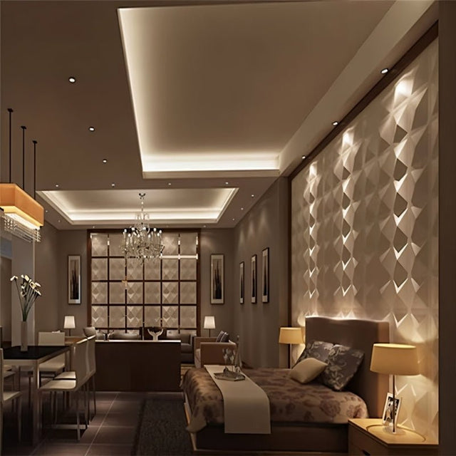 Badra Wall Panel - Stylish 3D Outdoor Wall Panels for Modern Spaces featured in a luxury bedroom and dining area with ambient lighting and elegant decor.