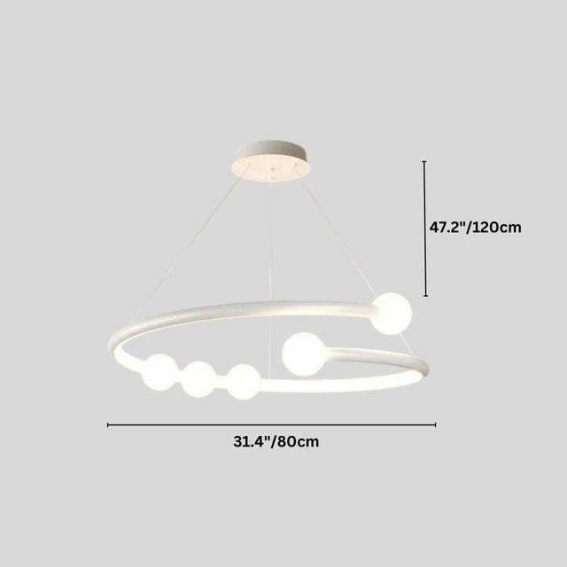  "Dimensions diagram of a modern circular chandelier with minimalist bulb holders."