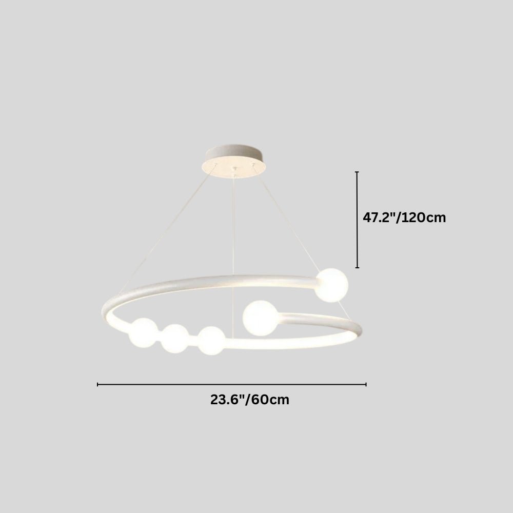  "Dimensions diagram of a modern circular chandelier with minimalist bulb holders."