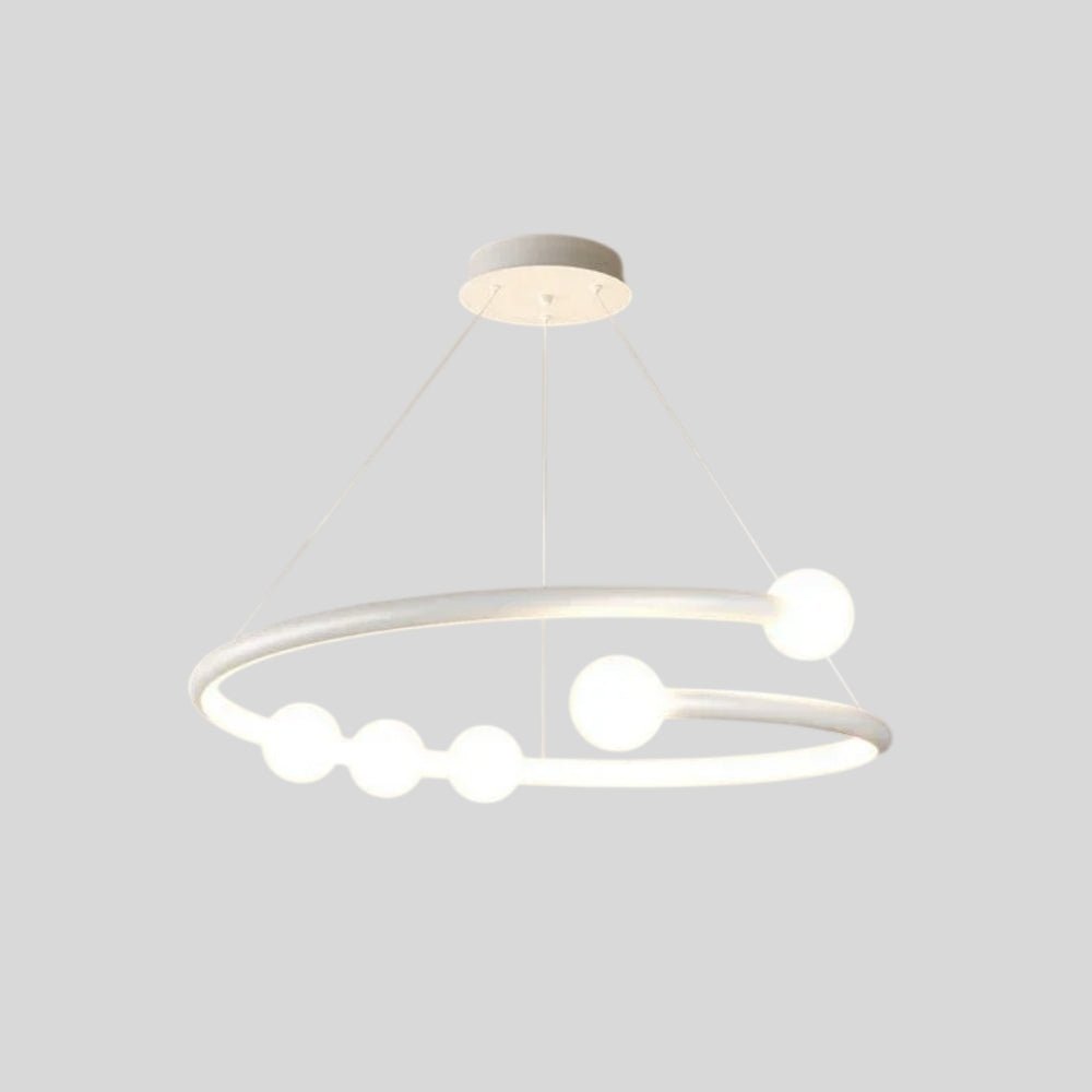  "Modern, white circular chandelier with minimalist bulb holders, isolated on a white background."