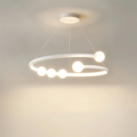 "Modern, white circular chandelier with minimalist bulb holders suspended from thin cables."