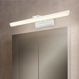 "A white LED vanity light mounted above a mirrored bathroom cabinet with double doors."