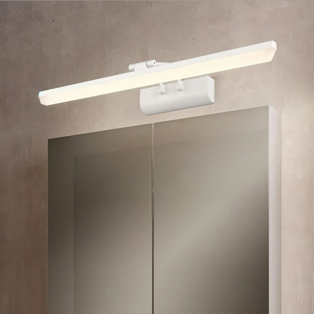 "A white LED vanity light mounted above a mirrored bathroom cabinet with double doors."