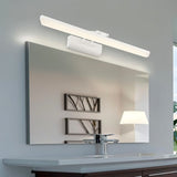 "A white LED vanity light mounted above a bathroom mirror with a sink, faucet, and artwork reflection."