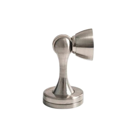 "Sleek, brushed nickel zinc-alloy magnetic door stop with a contoured design, designed to prevent door slams and wall damage in modern interiors."