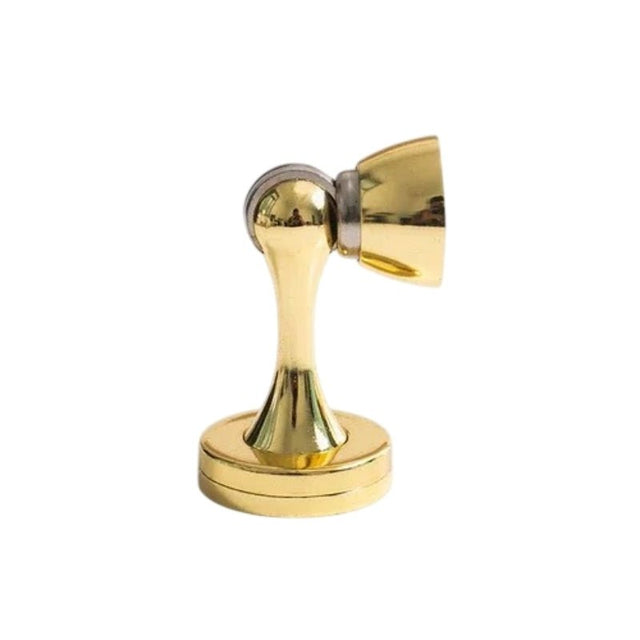 "A sleek, gold-finished zinc-alloy magnetic door stop with a contoured design, designed to prevent door slams and wall damage in modern interiors."