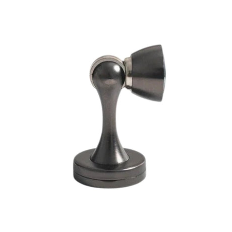 "Sleek, gunmetal-finished zinc-alloy magnetic door stop with a contoured design, designed to prevent door slams and wall damage in modern interiors."
