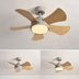 Wooden ceiling fan with light in white and natural wood finish against white ceiling.