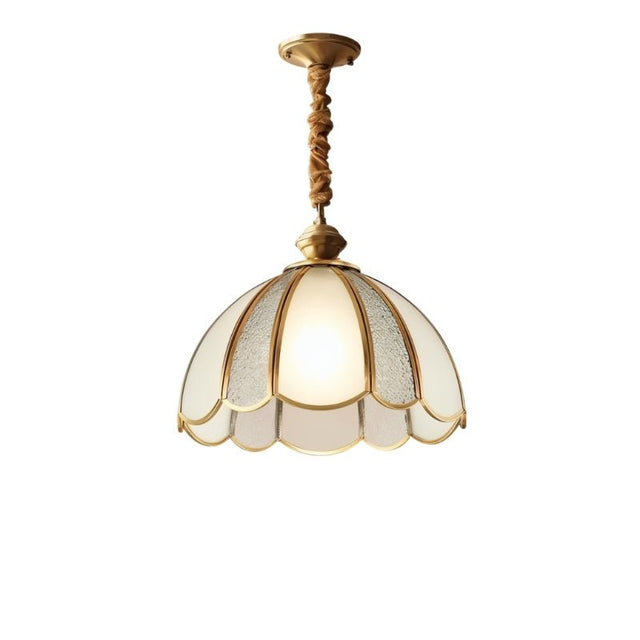 "A vintage-style pendant light with a scalloped glass shade and copper trim, hanging by a twisted rope."