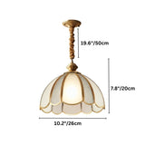 "A vintage-style pendant light with a scalloped glass shade and copper frame, showing dimensions of 19.6 inches, 7.8 inches, and 10.2 inches."