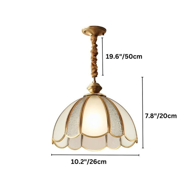 "A vintage-style pendant light with a scalloped glass shade and copper frame, showing dimensions of 19.6 inches, 7.8 inches, and 10.2 inches."