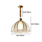 "A vintage-style pendant light with a scalloped glass shade and copper frame, showing dimensions of 19.6 inches, 15.3 inches, and 16.5 inches."