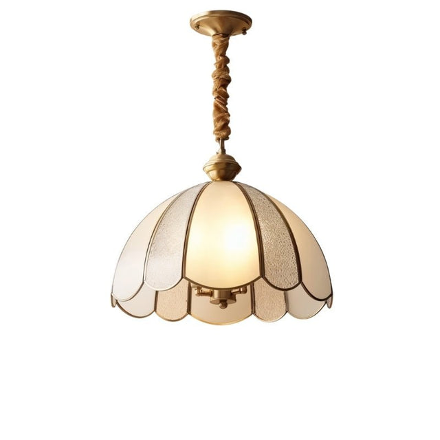 "A vintage-style pendant light with a scalloped glass shade and copper frame, suspended by a twisted rope chain."
