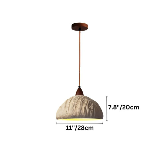 "Dimensions of a Wabi Sabi cement pendant light with a minimalist, rounded shade: 7.8 inches in height and 11 inches in diameter."