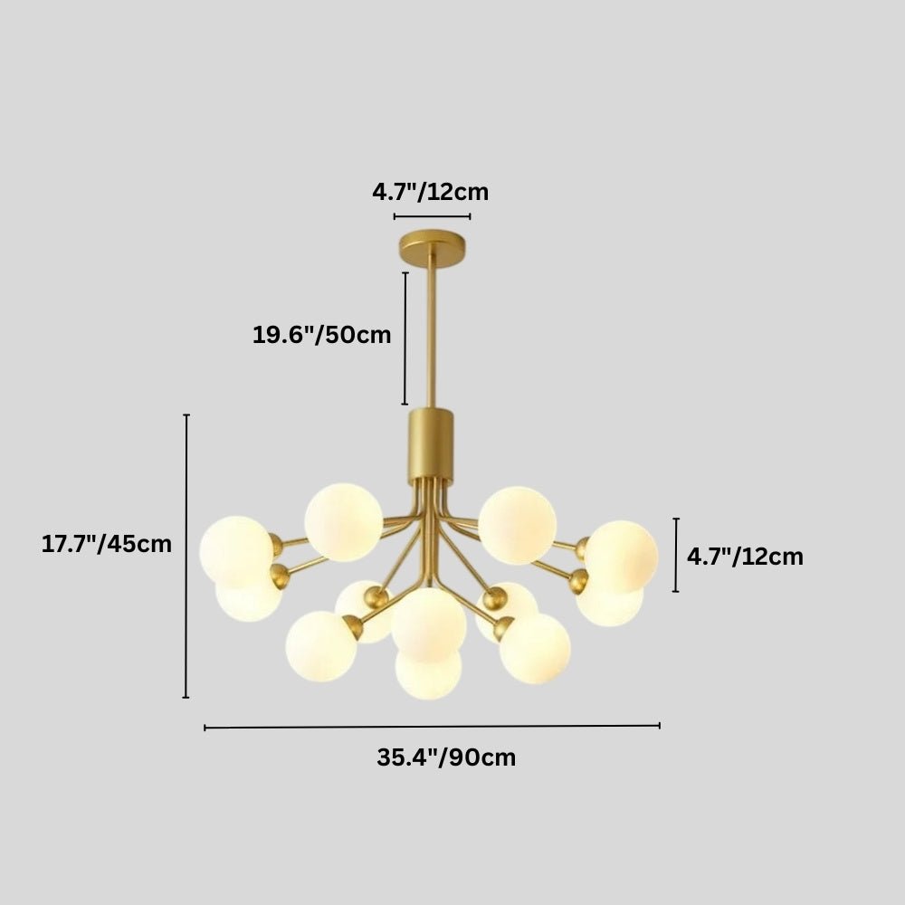 "Dimensions, 19.6 inches height, 35.4 inches width, 17.7 inches canopy diameter, and 4.7 inches glass ball diameter, of a gold chandelier with glass balls."