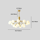 "Dimensions, 19.6 inches height, 43.3 inches width, 19.2 inches canopy diameter, and 4.7 inches glass ball diameter, of a gold chandelier with glass balls."