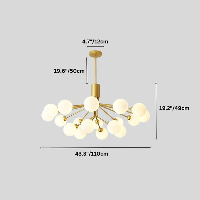 "Dimensions, 19.6 inches height, 43.3 inches width, 19.2 inches canopy diameter, and 4.7 inches glass ball diameter, of a gold chandelier with glass balls."