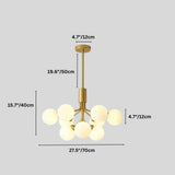 "Dimensions, 19.6 inches height, 27.5 inches width, 15.7 inches canopy diameter, and 4.7 inches glass ball diameter, of a gold chandelier with glass balls."