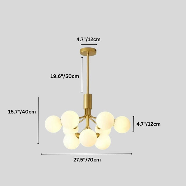 "Dimensions, 19.6 inches height, 27.5 inches width, 15.7 inches canopy diameter, and 4.7 inches glass ball diameter, of a gold chandelier with glass balls."