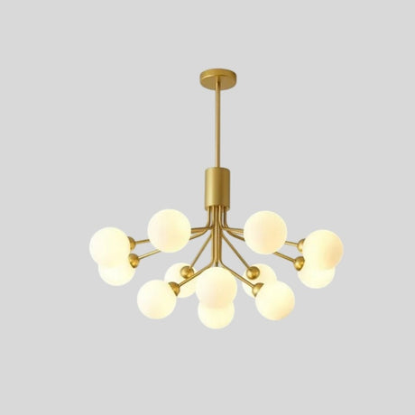 "10 heads gold chandelier with glass balls against a grey background."