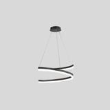 "Modern pendant light with a black spiral ribbon design, suspended by cables, isolated on a gray background."