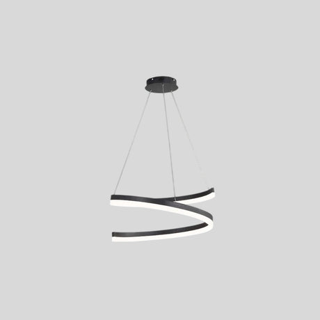 "Modern pendant light with a black spiral ribbon design, suspended by cables, isolated on a gray background."