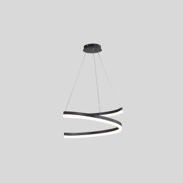 "Modern pendant light with a black spiral ribbon design, suspended by cables, isolated on a gray background."