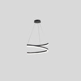 "Modern pendant light with a black spiral ribbon design, isolated on a gray background."