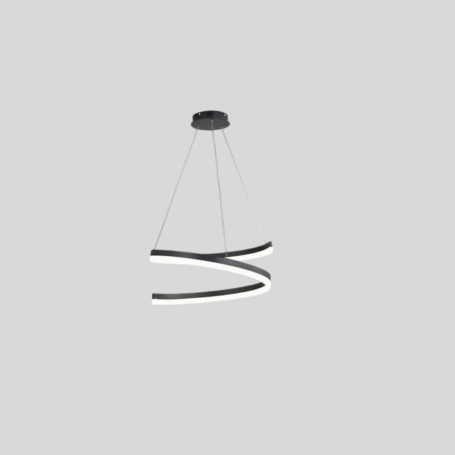 "Modern pendant light with a black spiral ribbon design, isolated on a gray background."