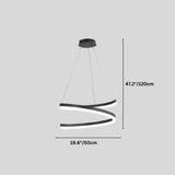 "Dimensions diagram of a modern pendant light with a black spiral ribbon design."