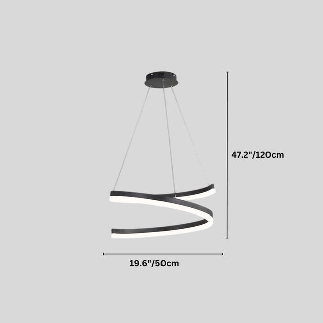 "Dimensions diagram of a modern pendant light with a black spiral ribbon design."