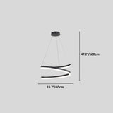 "Dimensions diagram of a modern pendant light with a black spiral ribbon design."