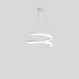  "Modern pendant light with a white spiral ribbon design, suspended by cables, isolated on a gray background."