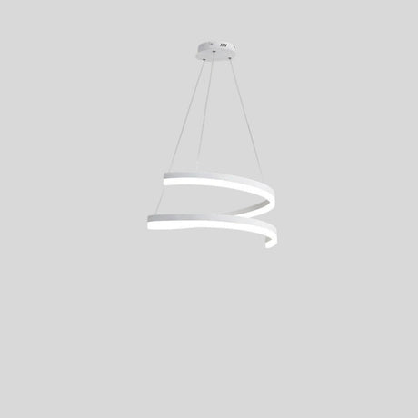  "Modern pendant light with a white spiral ribbon design, suspended by cables, isolated on a gray background."