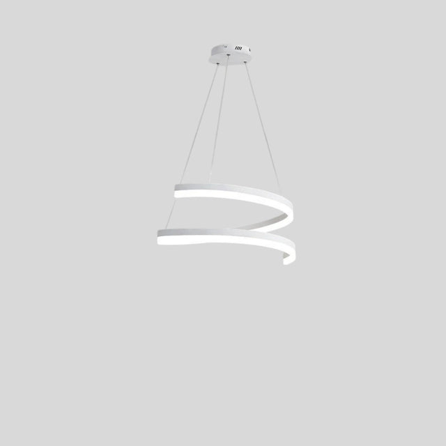  "Modern pendant light with a white spiral ribbon design, suspended by cables, isolated on a gray background."