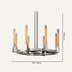 Round chandelier with brushed nickel metal frame and wood-grain glass tube shades, shown against neutral background.