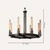 Black metal round chandelier with amber glass cylinders and eight lights, shown with dimensions.