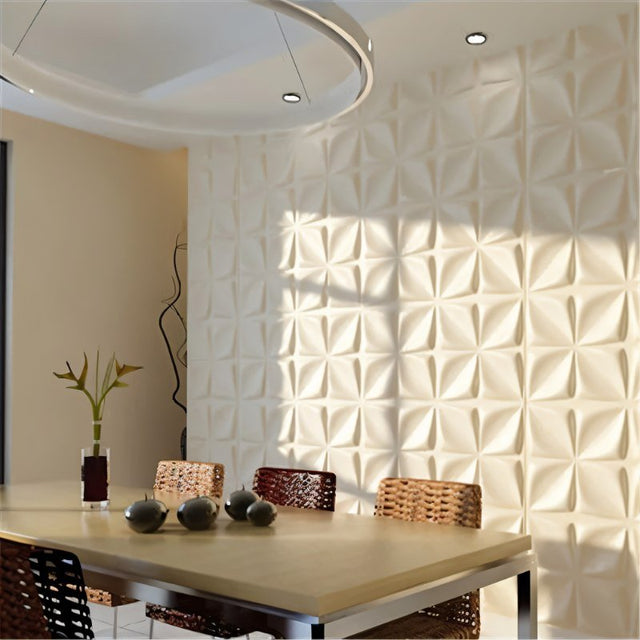 Bitu Wall Panel installed in a modern dining room, showcasing its 3D geometric design and moisture-resistant surface for stylish interiors.