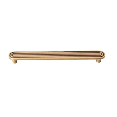"Brass Art Deco handle with rounded edges and parallel lines."