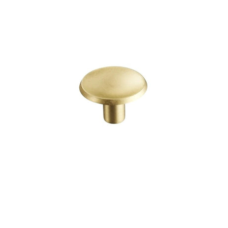 "Gold brass circular knob with smooth, concave surface, isolated on a white background."