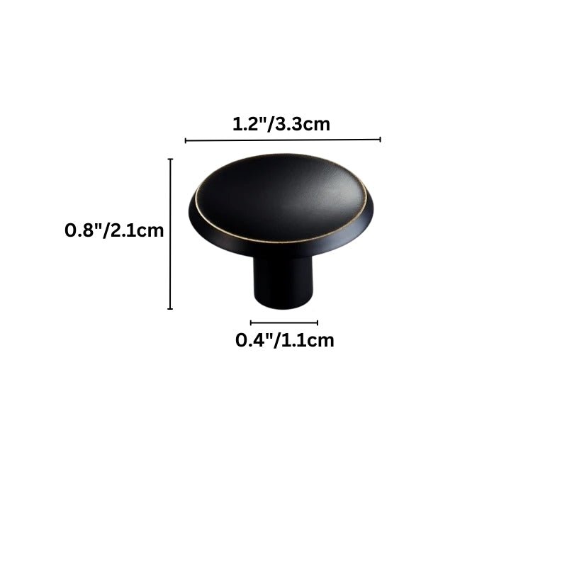 "Dimensions of a black brass circular knob: 1.2 inches (3.3 cm) height, 0.8 inches (2.1 cm) width, and 0.4 inches (1.1 cm) base diameter."