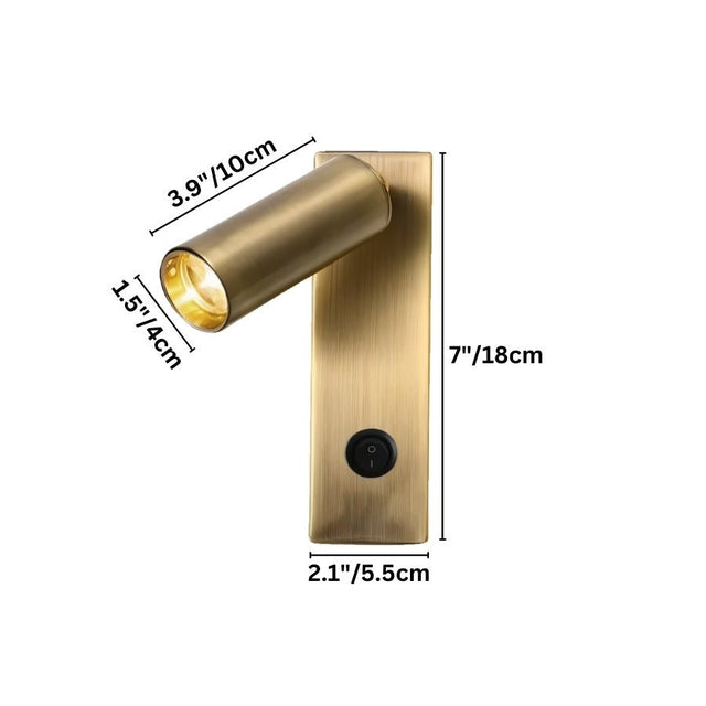 "Dimensions of a modern gold bedside reading lamp with an adjustable cylindrical head and rectangular base, 7 inches in height, 2.1 inches in width, and spotlight dimensions of 3.9 inches in length and 1.5 inches in diameter."